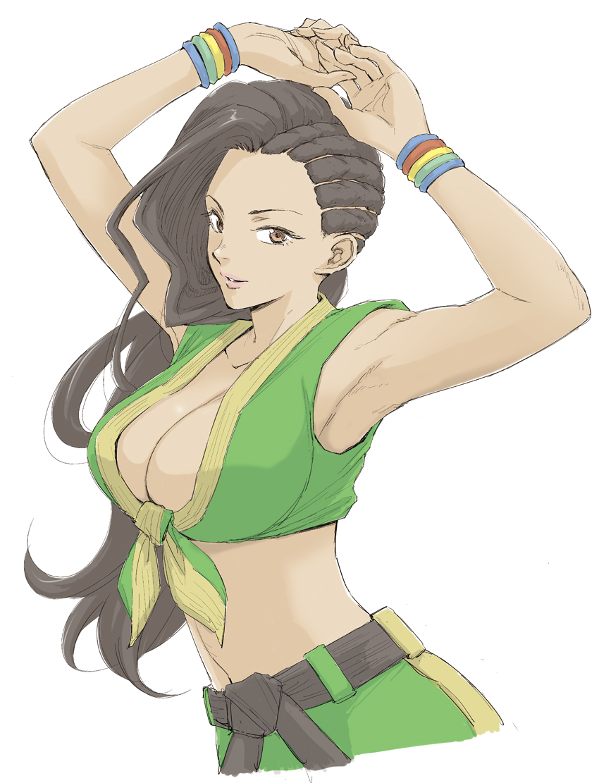 1girl, armpits, arms_up, asymmetrical_hair, belt, black_belt, black_hair, bracelet