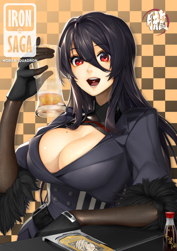 1girl, alcohol, bangs, beer, beer_mug, black_gloves, black_hair, blush
