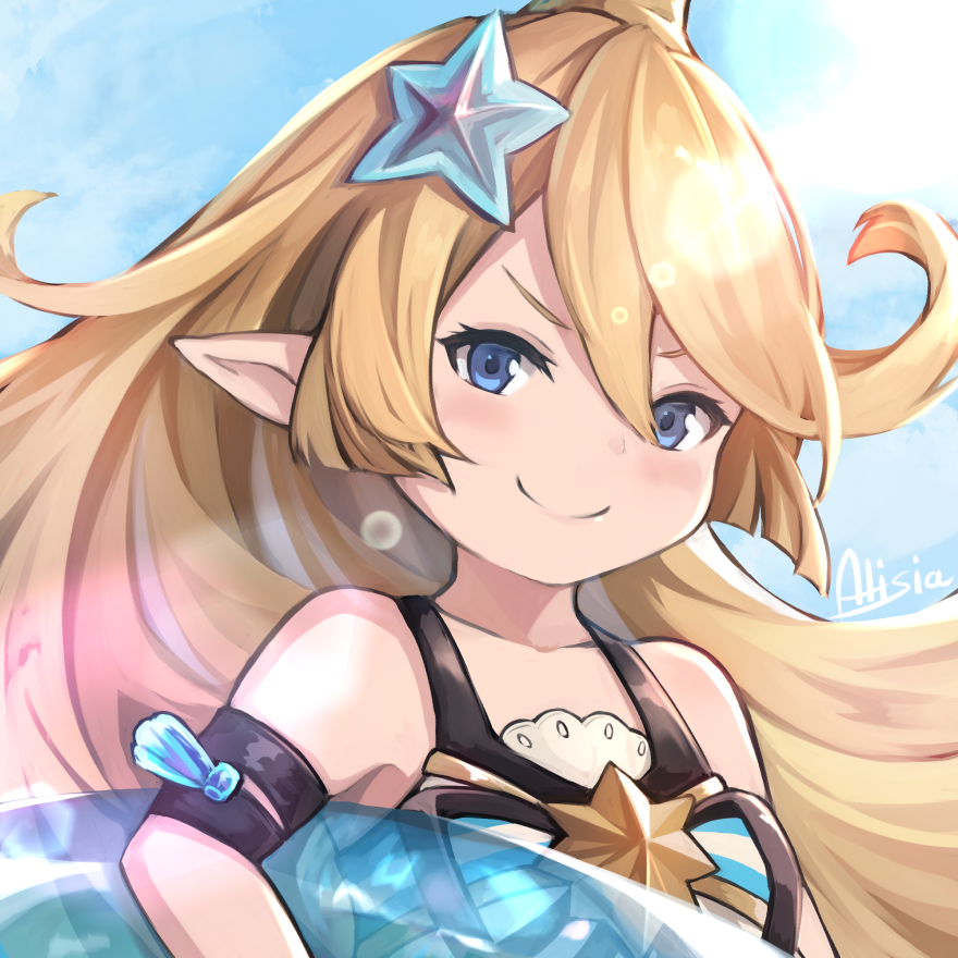 1girl, alisia0812, artist_name, blonde_hair, blue_eyes, blush, charlotta_fenia, closed_mouth
