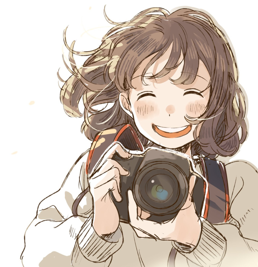 1girl, :d, ^_^, adjusting_camera, bangs, beige_shirt, blush, brown_hair, camera, closed_eyes, closed_eyes, commentary_request, facing_viewer, highres, holding, holding_camera, kana_(okitasougo222), long_sleeves, open_mouth, original, short_hair, smile, solo, sweatshirt, upper_body, white_background