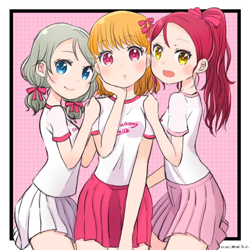 3girls, :d, aida_rikako, artist_name, bangs, black_border, blue_eyes, blush