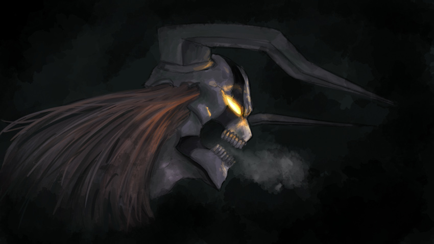 1boy, black_background, bleach, bone, breath, dark, glowing, glowing_eyes