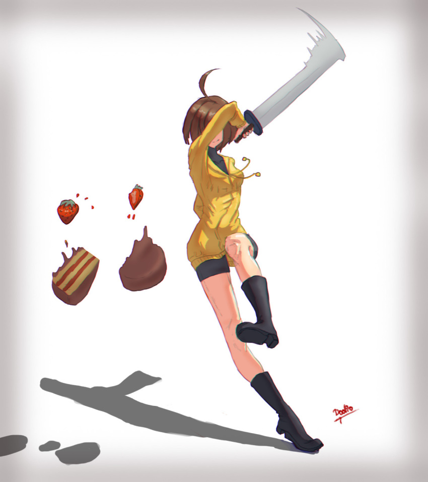 1girl, ahoge, birthday_cake, black_footwear, black_shorts, boots, breasts, brown_hair, cake, chocolate_cake, commentary, cutting, doolio, english_commentary, food, fruit, full_body, highres, hood, hood_down, hoodie, linne, reverse_grip, short_hair, shorts, small_breasts, solo, strawberry, sword, turtleneck, under_night_in-birth, weapon