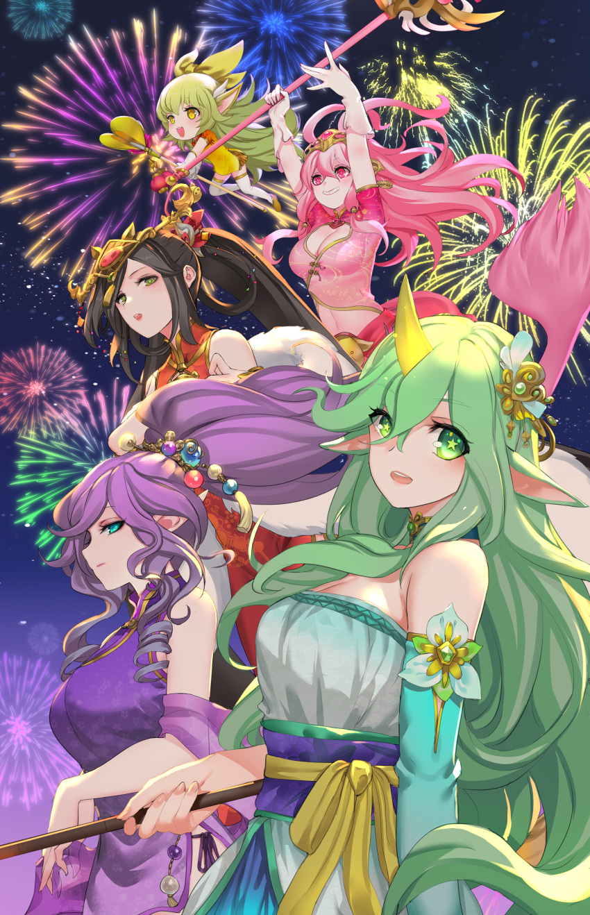 5girls, absurdres, alternate_costume, alternate_hair_color, animal_ears, arms_up, bare_shoulders, blue_eyes, breasts, circlet, cleavage_cutout, drill_hair, elbow_gloves, fireworks, gloves, green_eyes, green_hair, grin, hair_ornament, highres, horn, league_of_legends, long_hair, looking_at_viewer, lulu_(league_of_legends), magical_girl, medium_breasts, multiple_girls, nami_(league_of_legends), pd_(pdpdlv1), pink_eyes, pink_hair, pointy_ears, ponytail, purple_hair, smile, sona_buvelle, soraka, staff, star_guardian_(league_of_legends), star_guardian_janna, star_guardian_lulu, star_guardian_nami, star_guardian_sona, star_guardian_soraka, thigh-highs, very_long_hair, white_gloves, white_legwear, yellow_eyes