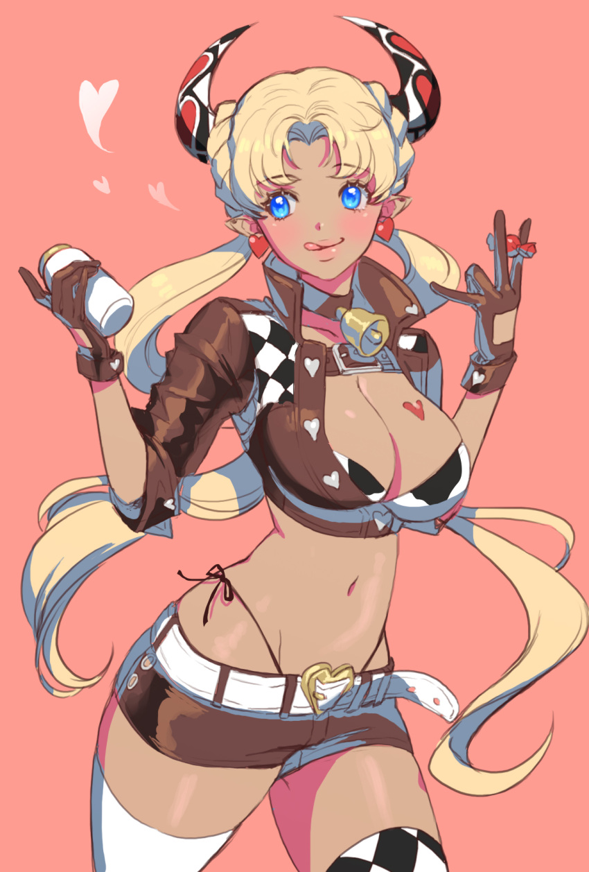 1girl, animal_print, bell, bell_collar, blonde_hair, blush, breasts, cleavage, collar, cow_bell, cow_girl, cow_horns, cow_print, earrings, gloves, heart, heart_earrings, highres, horns, jewelry, large_breasts, licking_lips, long_hair, low_twintails, navel, original, paki_hanbiruu, shorts, solo, thigh-highs, tongue, tongue_out, twintails, white_day