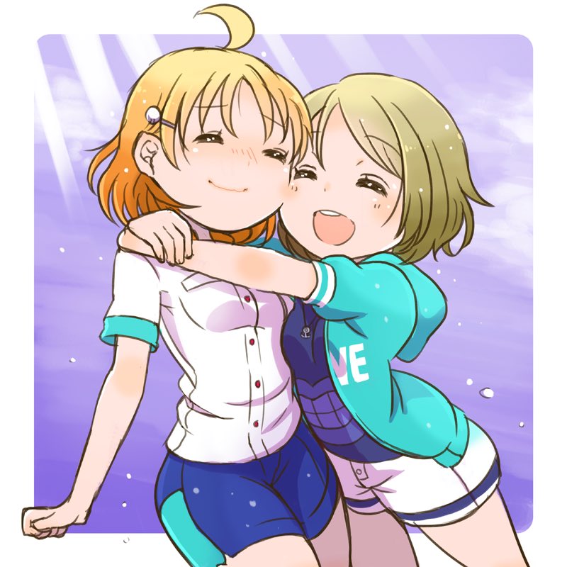2girls, :d, ^_^, ahoge, anchor_necklace, aqua_jacket, bangs, blue_shirt
