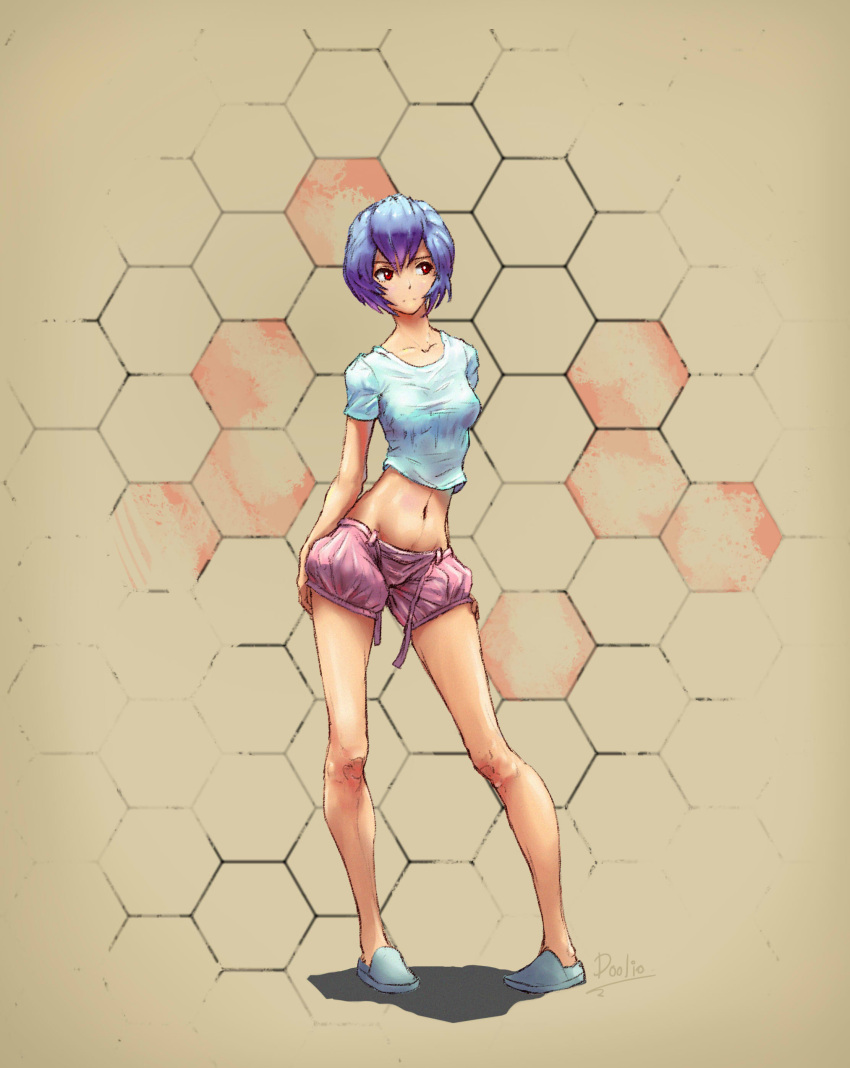 1girl, absurdres, arms_at_sides, ayanami_rei, blue_hair, breasts, casual, closed_mouth