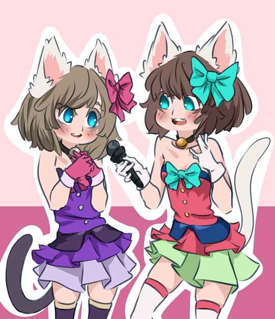 2girls, animal_ears, blue_eyes, brown_hair, cat_ears, cat_girl, cat_tail, hair_ribbon