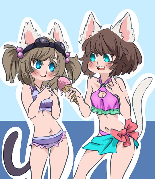 2girls, animal_ears, bikini, blue_eyes, brown_hair, cat_ears, cat_girl, cat_tail