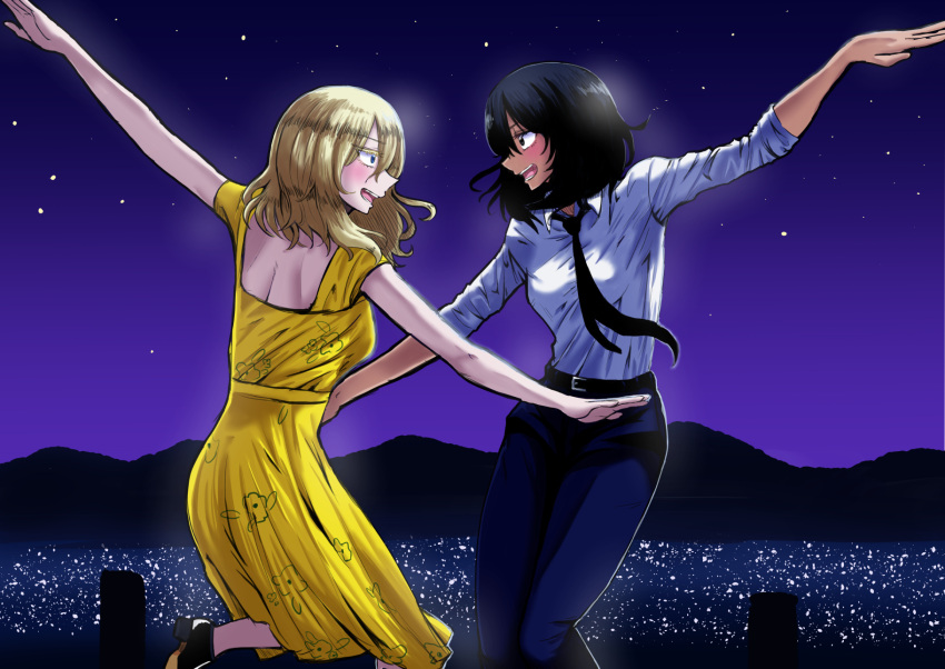 2girls, akutagawa_joo, andou_(girls_und_panzer), bangs, belt, black_belt, black_footwear, black_hair