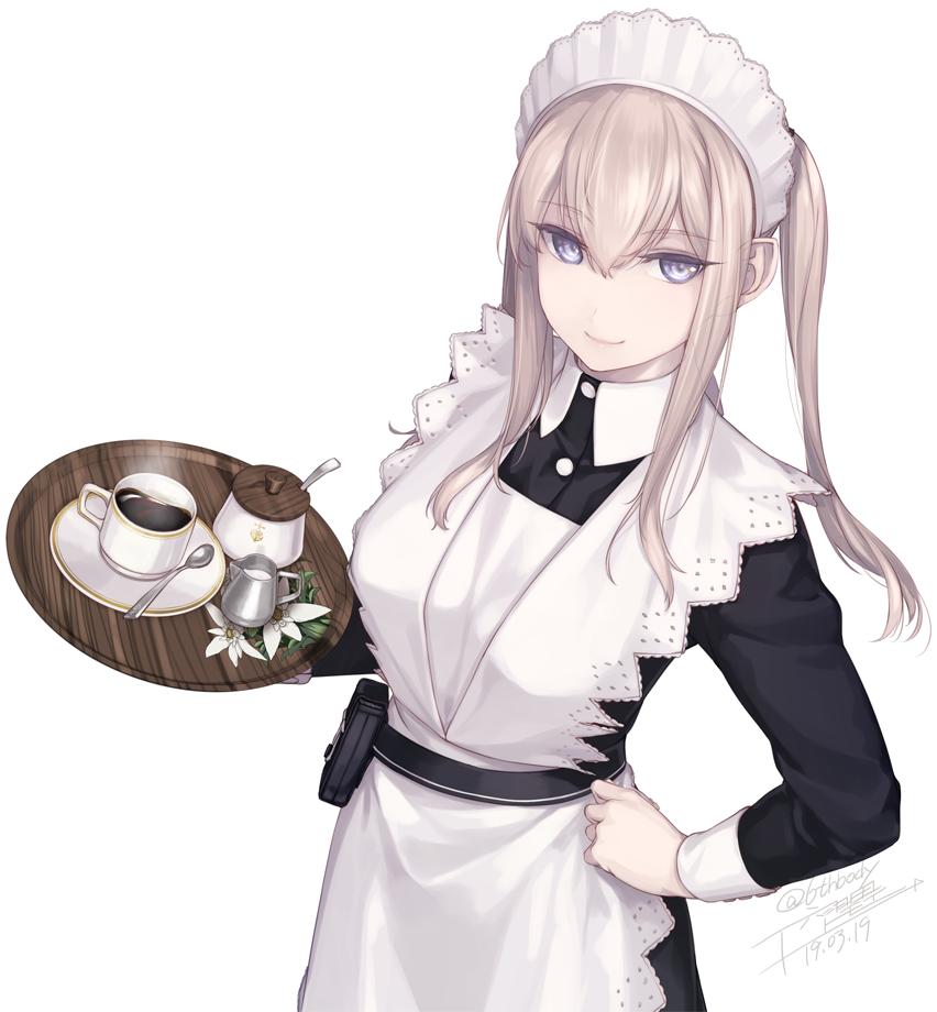 1girl, 2019, alternate_costume, apron, black_dress, blonde_hair, blue_eyes, breasts