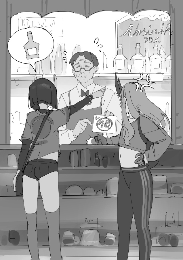 1boy, 2girls, alcohol, anger_vein, ass, bag, casual, contemporary, crop_top, fate/grand_order, fate_(series), flat_chest, flying_sweatdrops, glasses, greyscale, hand_on_hip, horns, ibaraki_douji_(fate/grand_order), midriff, monochrome, multiple_girls, navel, pants, pointing, semi-rimless_eyewear, short_hair, short_shorts, shorts, shoulder_bag, shuten_douji_(fate/grand_order), sidelocks, slam, speech_bubble, thigh-highs, tim_loechner, under-rim_eyewear, yoga_pants