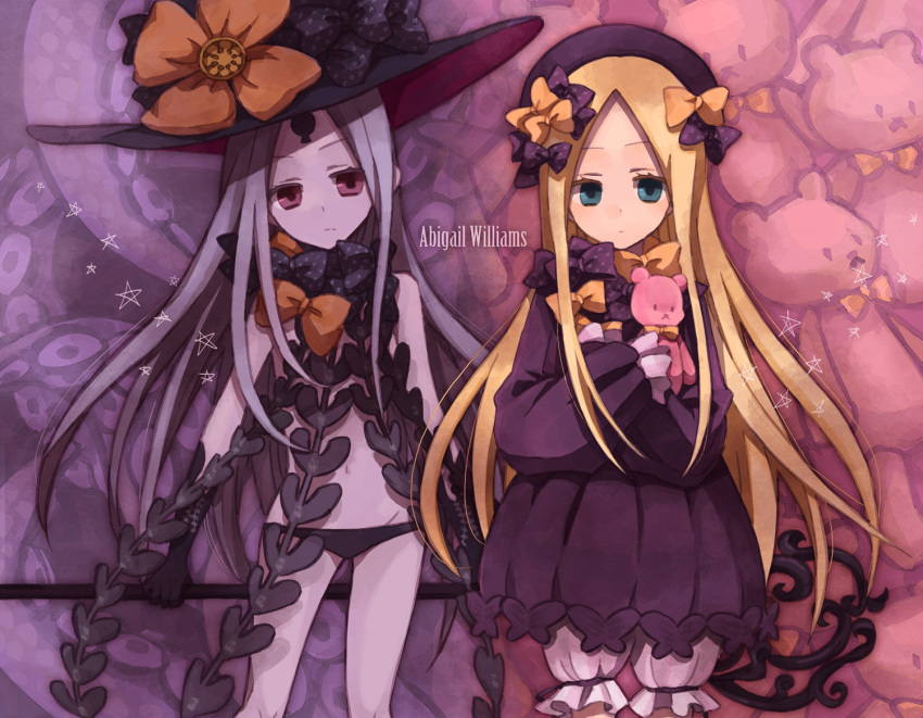 2girls, abigail_williams_(fate/grand_order), bangs, black_bow, black_dress, black_gloves, black_hat, black_panties