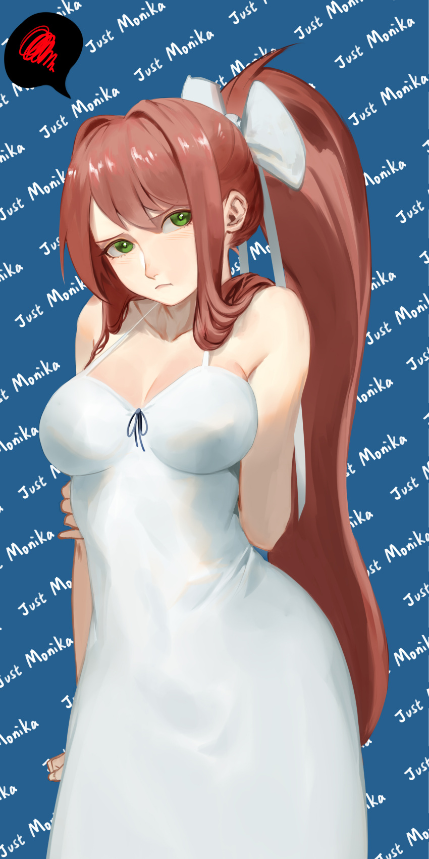 :t, absurdres, arm_behind_back, arm_grab, blue_background, breasts, brown_hair, cleavage
