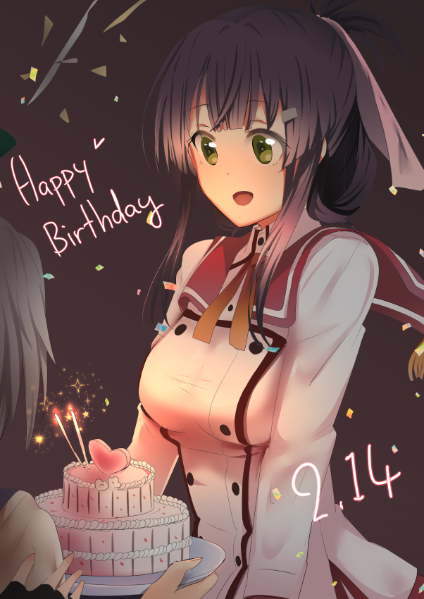 3girls, 80mph, birthday_cake, black_hair, buttons, cake, candle, commentary_request