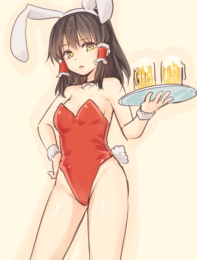 1girl, :o, alcohol, alternate_costume, alternate_eye_color, animal_ears, bangs, beer