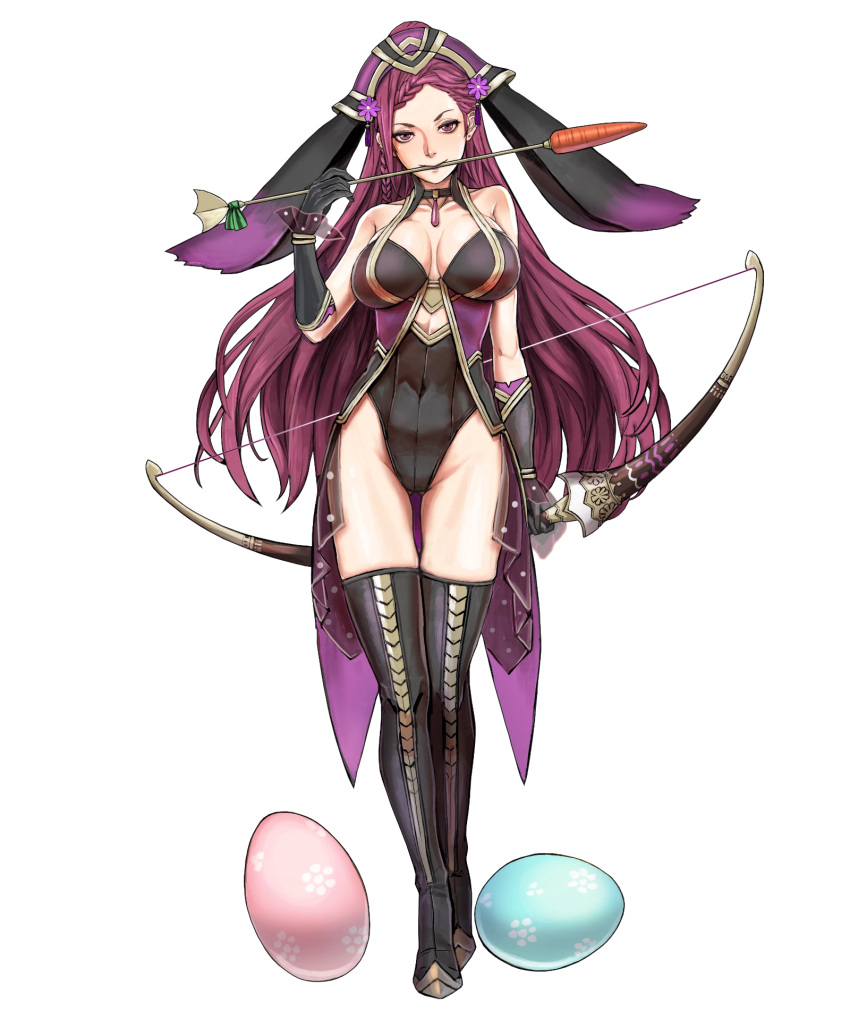 1girl, animal_ears, arrow, bare_shoulders, black_gloves, boots, bow_(weapon), breasts, cleavage, collarbone, covered_navel, earrings, egg, elbow_gloves, fake_animal_ears, fire_emblem, fire_emblem_heroes, full_body, gloves, gluteal_fold, hair_ornament, highleg, highleg_leotard, highres, holding, holding_bow_(weapon), holding_weapon, jewelry, large_breasts, leotard, loki_(fire_emblem_heroes), long_hair, looking_at_viewer, nintendo, official_art, purple_hair, rabbit_ears, solo, thigh-highs, thigh_boots, toshiyuki_kusakihara, transparent_background, violet_eyes, weapon