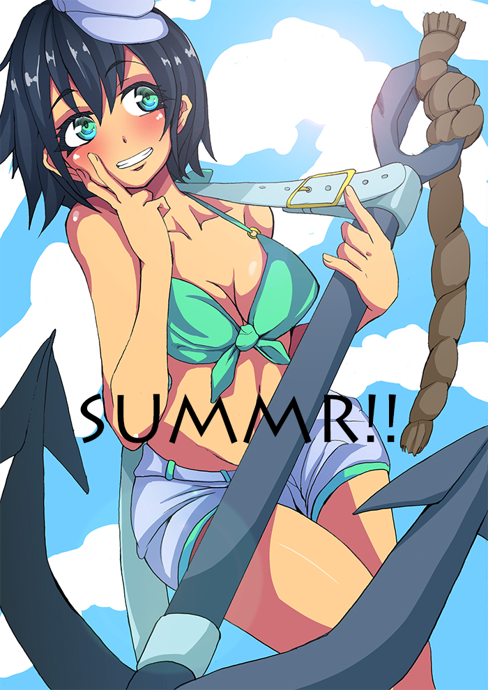 1girl, alternate_costume, anchor, aqua_bikini, aqua_bikini_top, aqua_eyes, bare_legs, bare_shoulders