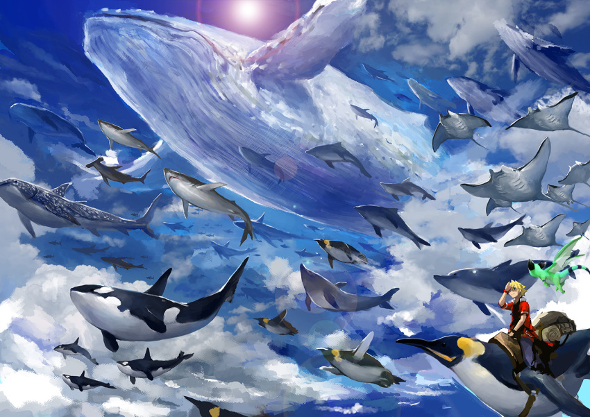 1boy, bedroll, beluga_whale, bird, blonde_hair, blue_sky, clouds, dolphin