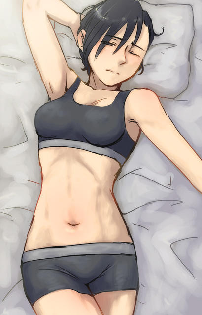 1girl, abs, arm_behind_head, black_bra, black_panties, boyshorts, bra, breasts