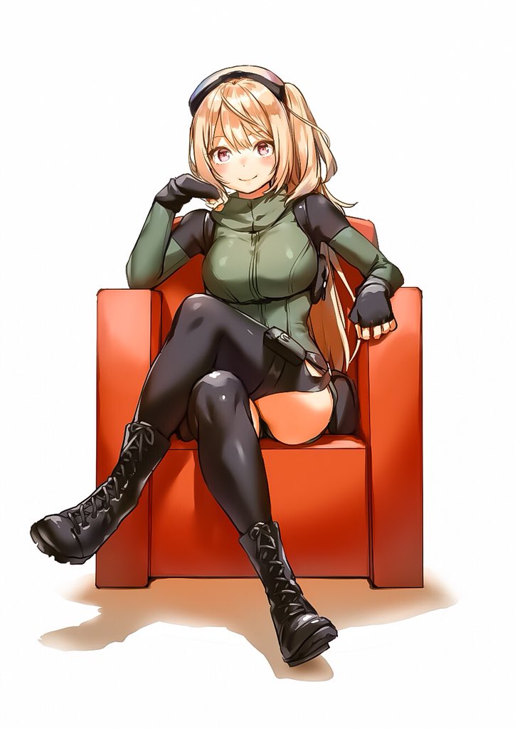 1girl, akiyama_youkou, ankle_boots, armchair, black_footwear, black_gloves, black_legwear, blonde_hair