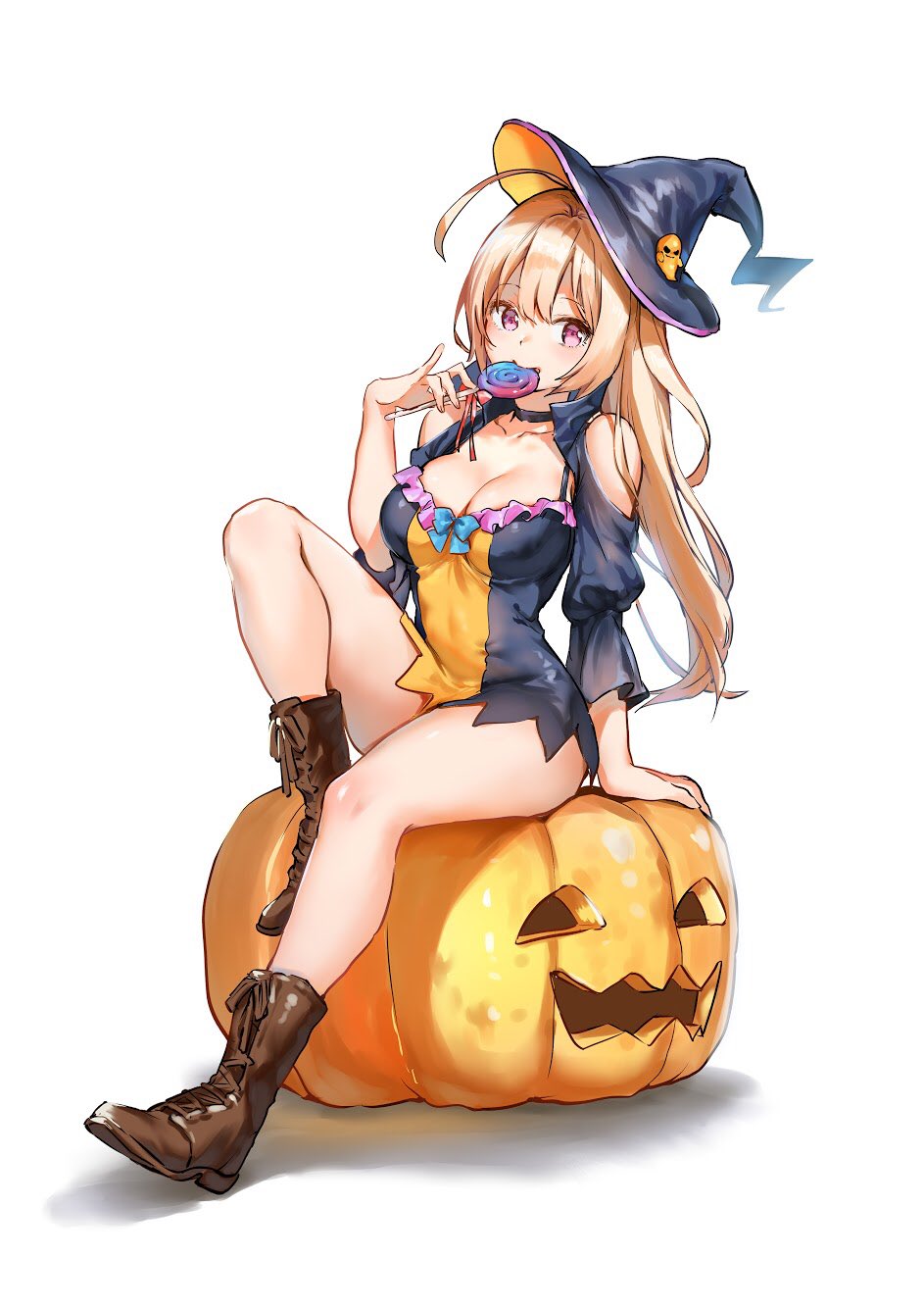 1girl, ahoge, akiyama_youkou, ankle_boots, arm_support, blonde_hair, boots, bow, breasts, brown_footwear, candy, choker, cleavage, cross-laced_footwear, dress, food, food_in_mouth, full_body, halloween, halloween_costume, hat, highres, holding, holding_food, holding_lollipop, jack-o'-lantern, knee_up, lace-up_boots, lollipop, long_hair, long_sleeves, looking_at_viewer, medium_breasts, pink_eyes, pumpkin, saguri-chan_tankentai, shinobima_saguri, short_dress, shoulder_cutout, simple_background, sitting, solo, swirl_lollipop, white_background, witch_hat