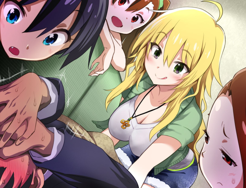 1boy, 4girls, ahoge, akaimato, blonde_hair, blue_eyes, blue_hair, blue_jacket, blush, breasts, brown_eyes, brown_hair, commentary_request, couch, dot_nose, eyebrows_visible_through_hair, fang, futami_mami, ganaha_hibiki, green_eyes, green_jacket, hair_between_eyes, highres, hoshii_miki, idolmaster, jacket, jewelry, large_breasts, long_hair, looking_at_another, minase_iori, multiple_girls, necklace, shirt, short_hair, shorts, smile, sweat, tongue, tongue_out, white_shirt