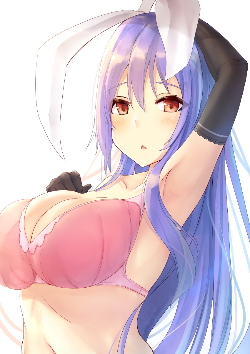 1girl, absurdres, animal_ears, arm_up, armpits, bangs, bare_shoulders, black_gloves