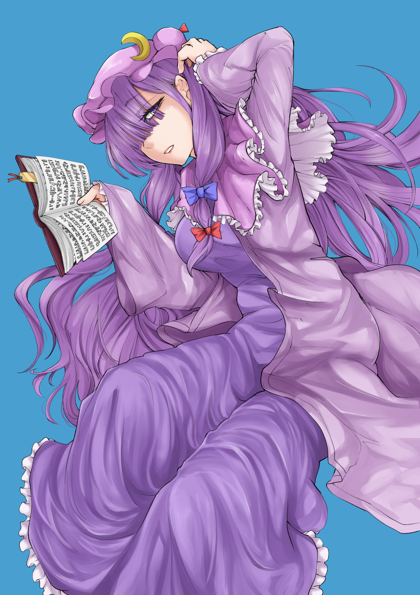 1girl, absurdres, arm_up, bangs, blue_background, blue_bow, blunt_bangs, book