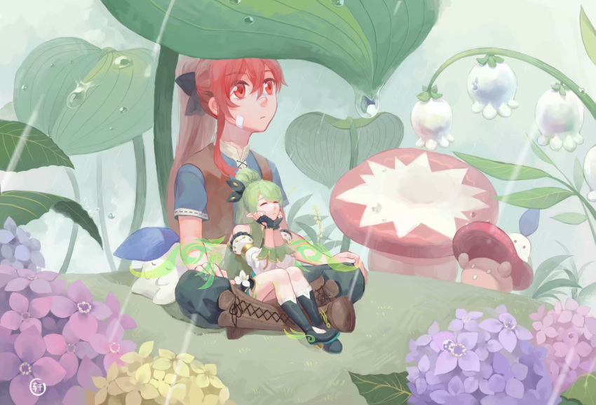 2girls, anemos_(elsword), bandaid, chilling_hedgehog_(elsword), elesis_(elsword), elf, elsword, eyebrows_visible_through_hair