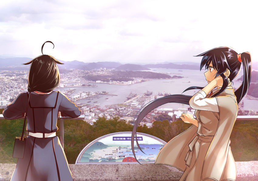 abo_(hechouchou), ahoge, black_hair, braid, cityscape, hair_flaps, hand_on_own_neck, harbor