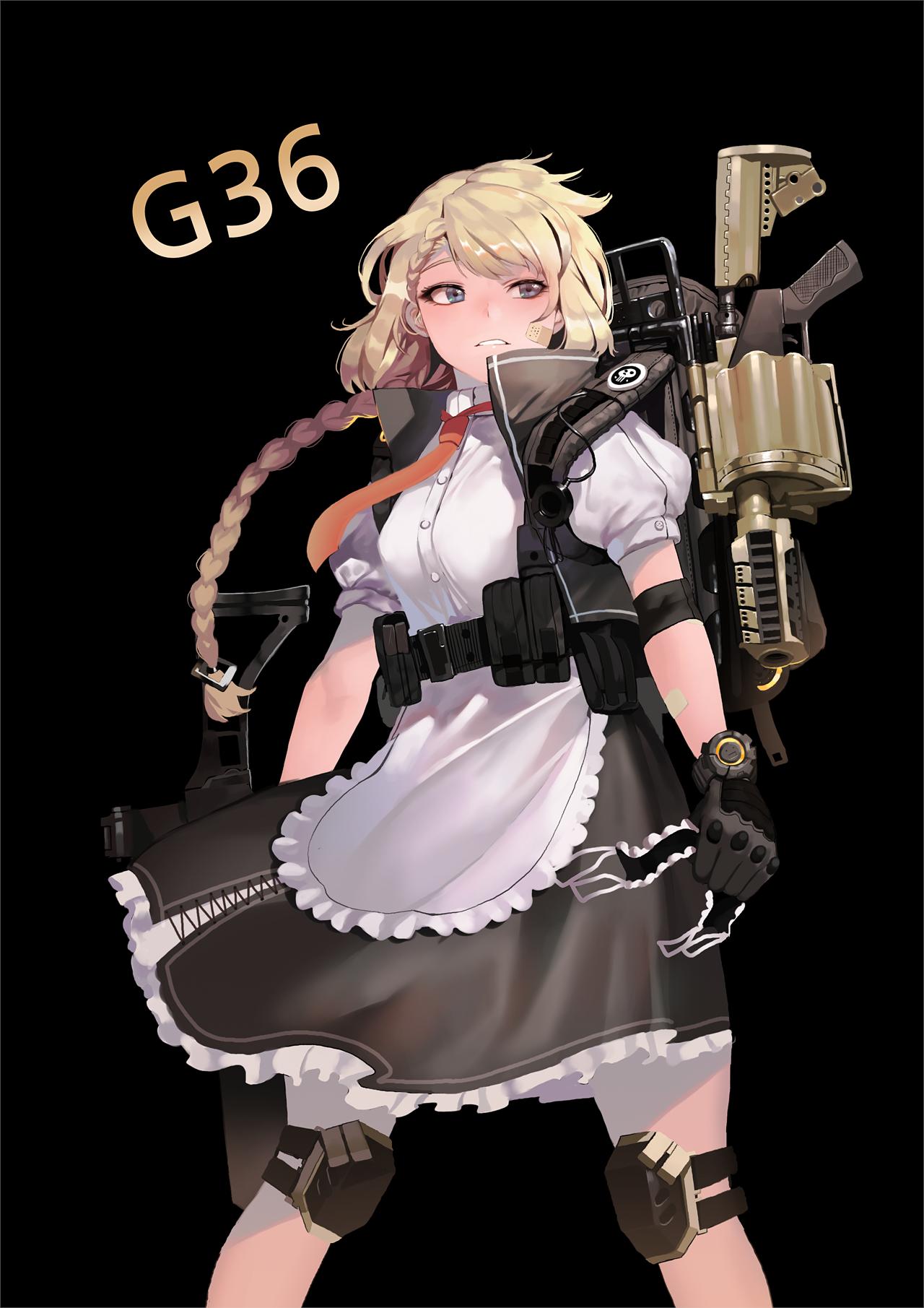 1girl, apron, assault_rifle, bandaid, bandaid_on_face, bangs, black_background, black_gloves