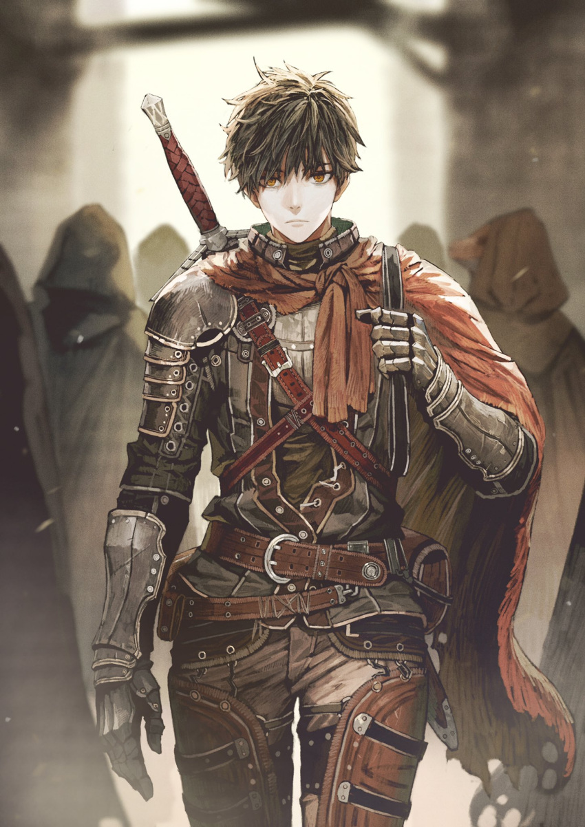 1boy, armor, black_hair, fantasy, gauntlets, highres, holding, jun_(seojh1029), looking_at_viewer, original, pauldrons, solo, sword, sword_behind_back, weapon, yellow_eyes