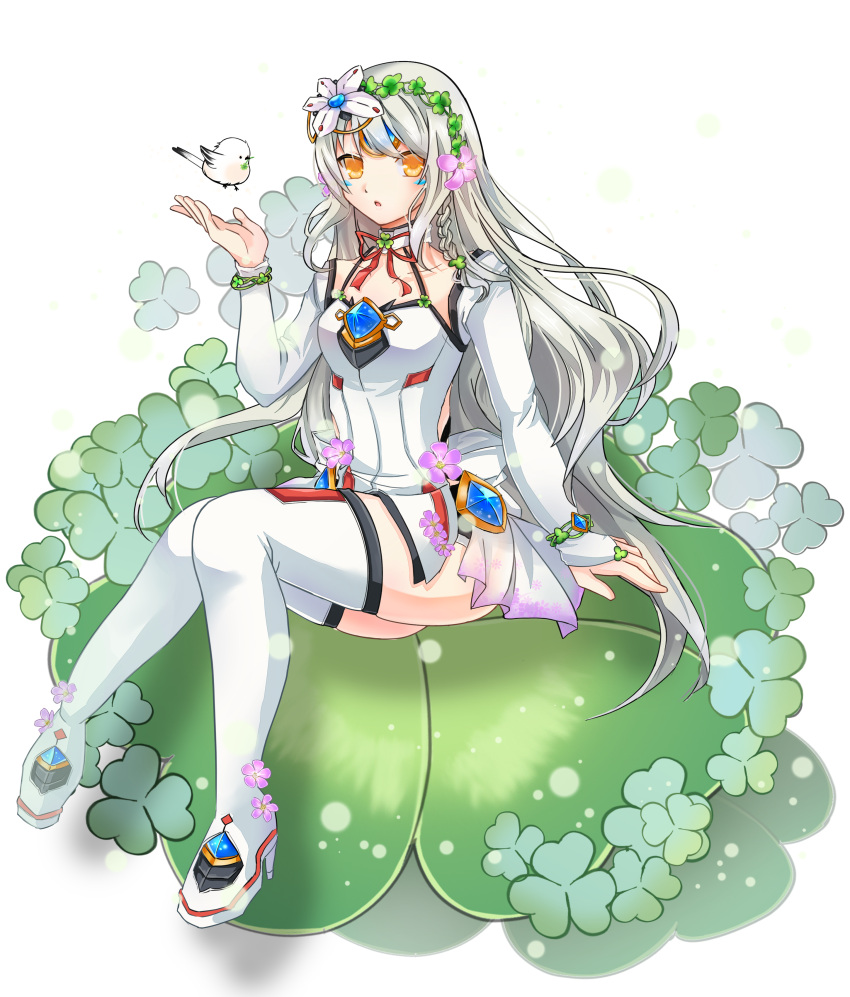 1girl, absurdres, bird, braid, clover, code:_electra_(elsword), collarbone, elsword, eve_(elsword), facial_mark, flower, forehead_jewel, gem, hair_flower, hair_ornament, head_wreath, highres, holy1075, long_hair, ribbon