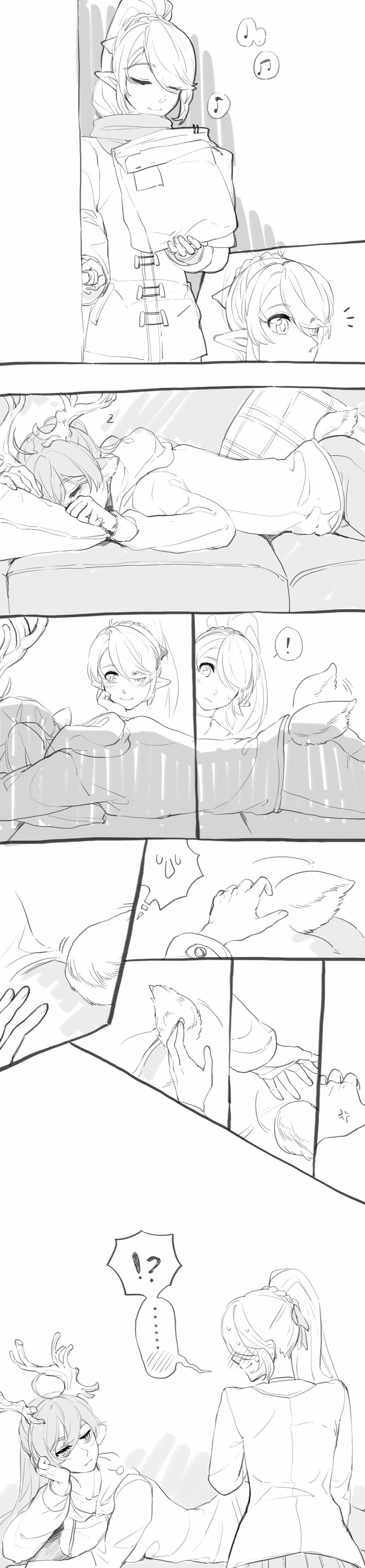 2girls, absurdres, animal_ears, blush, comic, elesis_(elsword), elsword, greyscale