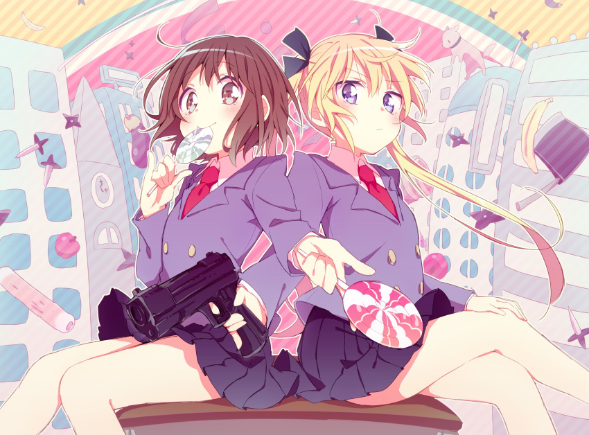 2girls, aizaki_(aizkaizk), black_skirt, blazer, blonde_hair, blue_eyes, brown_eyes, brown_hair