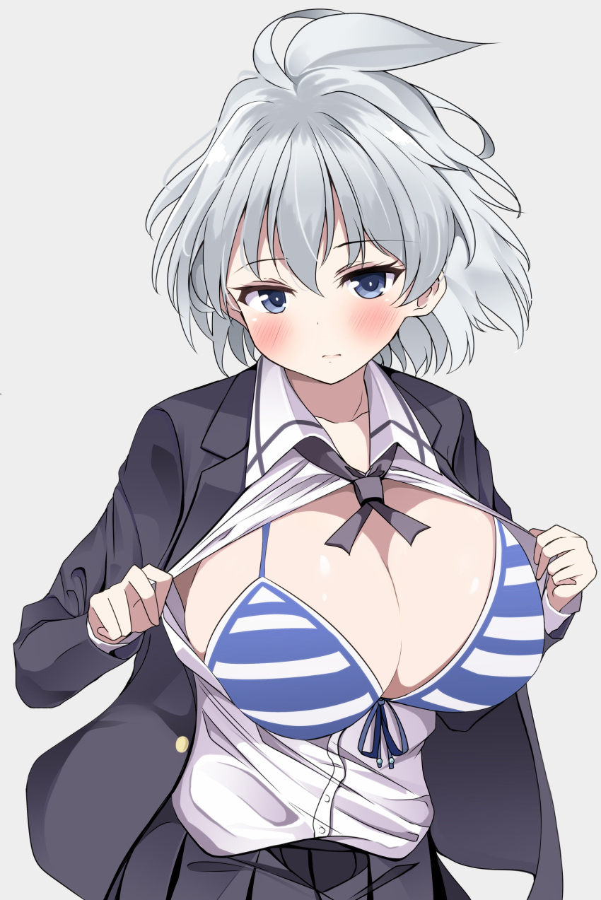 1girl, absurdres, blazer, blue_eyes, blush, bra, breasts, cleavage