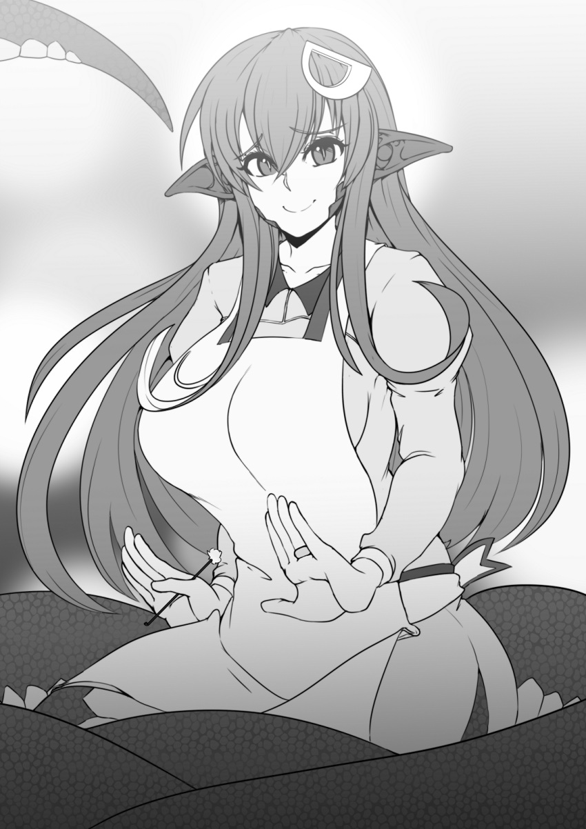 1girl, 2018, apron, breasts, elakan, eyebrows_visible_through_hair, greyscale, hair_between_eyes, hair_ornament, highres, jewelry, lamia, lap_pillow_invitation, large_breasts, long_hair, looking_at_viewer, miia_(monster_musume), mimikaki, monochrome, monster_girl, monster_musume_no_iru_nichijou, pointy_ears, ring, scales, slit_pupils, smile, snake_tail, tail, very_long_hair, wedding_band