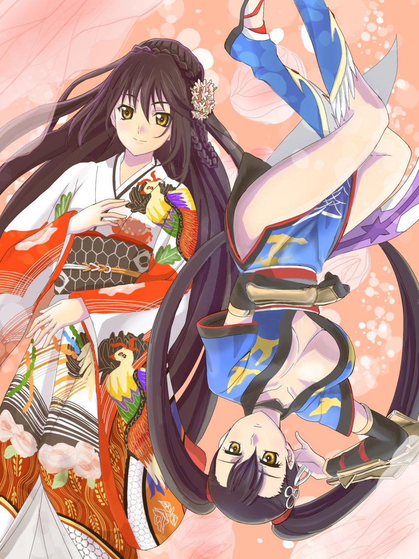 2girls, asymmetrical_gloves, asymmetrical_sleeves, black_gloves, black_hair, black_legwear, black_sleeves, blue_kimono, braid, breasts, brown_eyes, cleavage, collarbone, crown_braid, detached_sleeves, earrings, floating_hair, flower, frown, gloves, hair_between_eyes, hair_flower, hair_ornament, highres, japanese_clothes, jewelry, kimono, kuronuma, large_breasts, long_hair, looking_at_viewer, lying, multiple_girls, obi, on_back, print_kimono, sash, shiny, shiny_skin, single_glove, smile, tales_of_(series), tales_of_berseria, twintails, velvet_crowe, very_long_hair, white_kimono