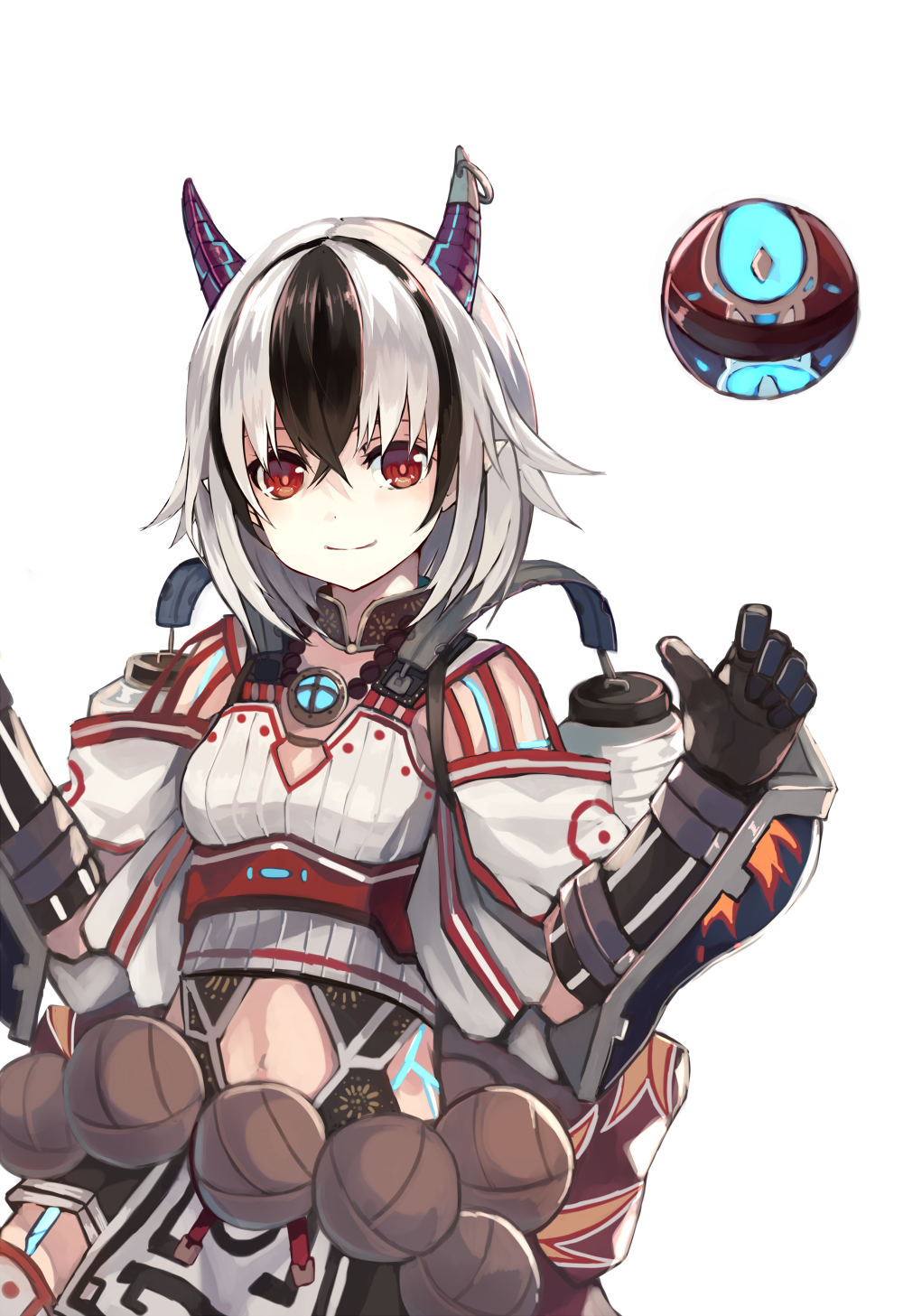 1girl, bangs, black_gloves, black_hair, breasts, closed_mouth, crossed_bangs, elbow_gloves