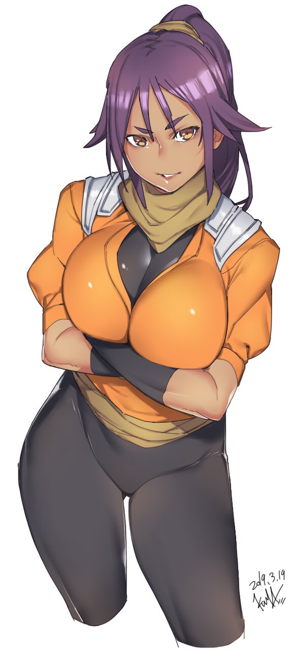 1girl, arm_warmers, black_legwear, bleach, breast_hold, breasts, crossed_arms, dark_skin, eyebrows_visible_through_hair, hair_ornament, highres, kuma_(jk0073), large_breasts, long_hair, looking_at_viewer, neck_warmer, overshirt, ponytail, purple_hair, sash, shihouin_yoruichi, short_sleeves, simple_background, solo, standing, undershirt, white_background, yellow_eyes