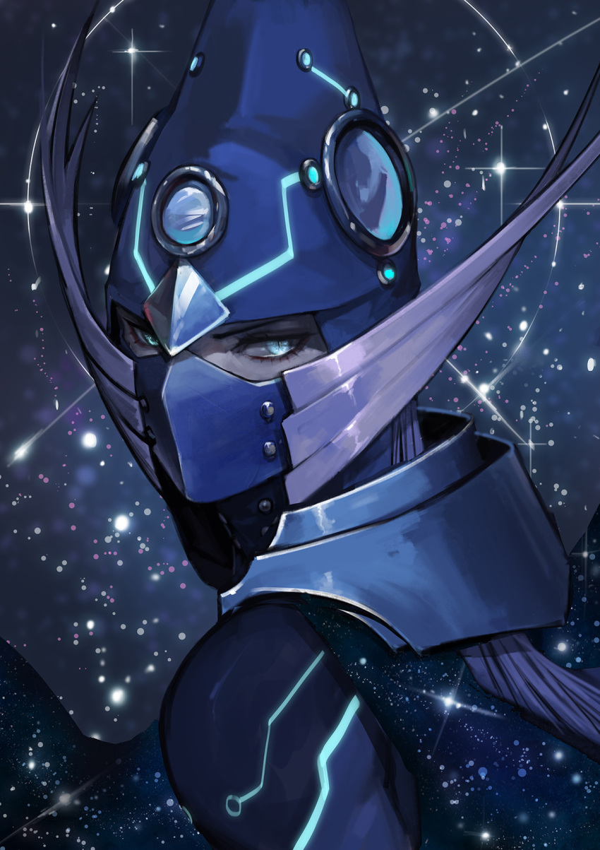 1boy, armor, blue_eyes, blue_hair, cape, covered_mouth, duel_monster, fishfall