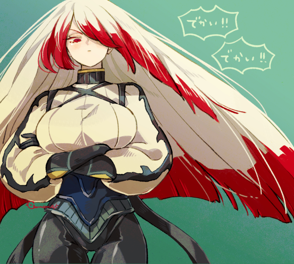 1girl, :|, asmodeus_(megido72), ass_visible_through_thighs, asymmetrical_hair, big_hair, blunt_ends, breasts