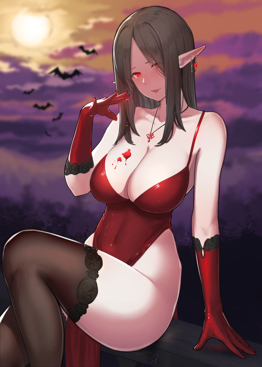 1girl, absurdres, arm_support, bare_shoulders, bat, black_hair, black_legwear, blood