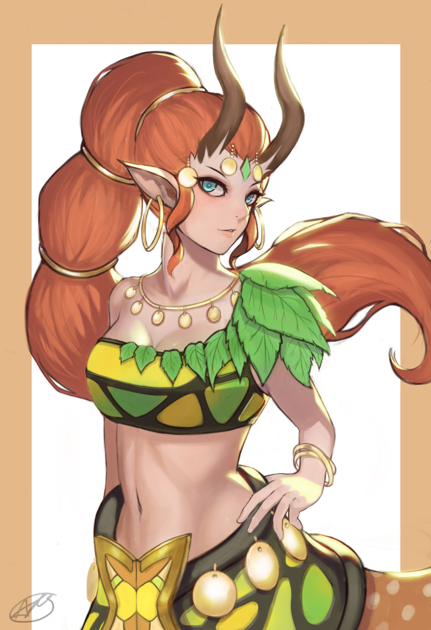 1girl, absurdres, aiushtha, arc2urus, bangle, blue_eyes, bracelet, breasts, brown_hair, centauroid, cleavage, defense_of_the_ancients, dota_2, earrings, enchantress, hair_ornament, hand_on_hip, highres, hoop_earrings, horns, jewelry, long_hair, medium_breasts, monster_girl, navel, necklace, pointy_ears, sidelocks, simple_background, smile, solo, standing, very_long_hair