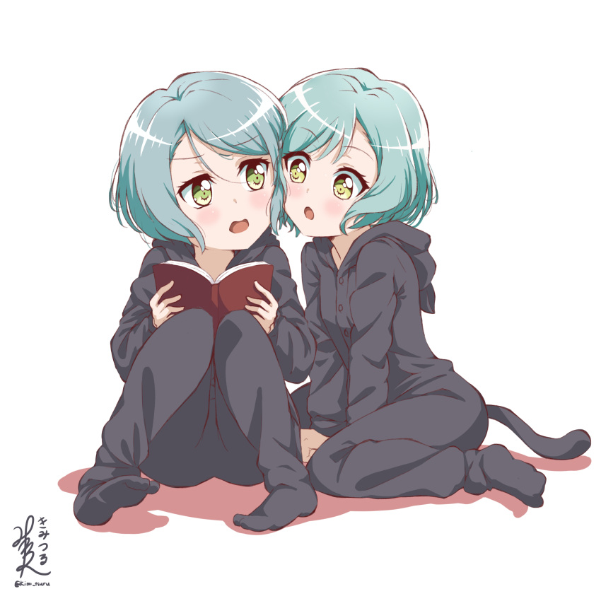 2girls, :o, alternate_hair_length, alternate_hairstyle, animal_hood, aqua_hair, artist_name, bang_dream!