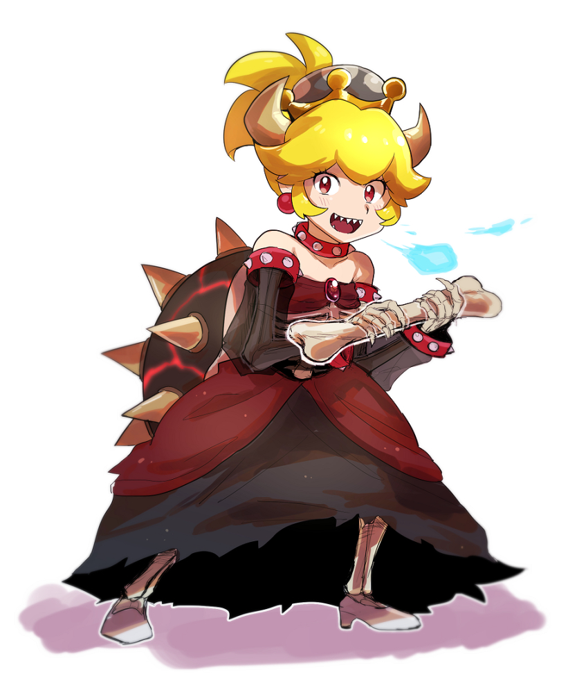 black_dress, blonde_hair, blue_fire, bone, bowsette, breathing_fire, choker, dress