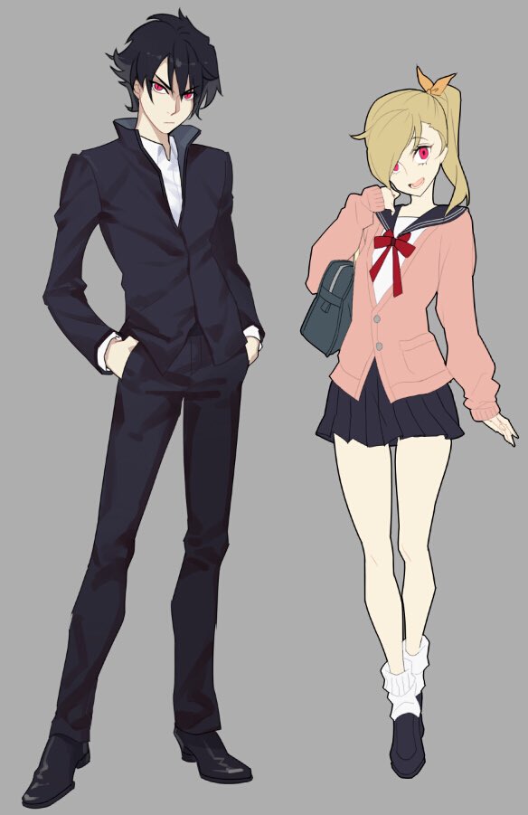 1boy, 1girl, bag, black_footwear, black_hair, black_pants, black_skirt, blonde_hair