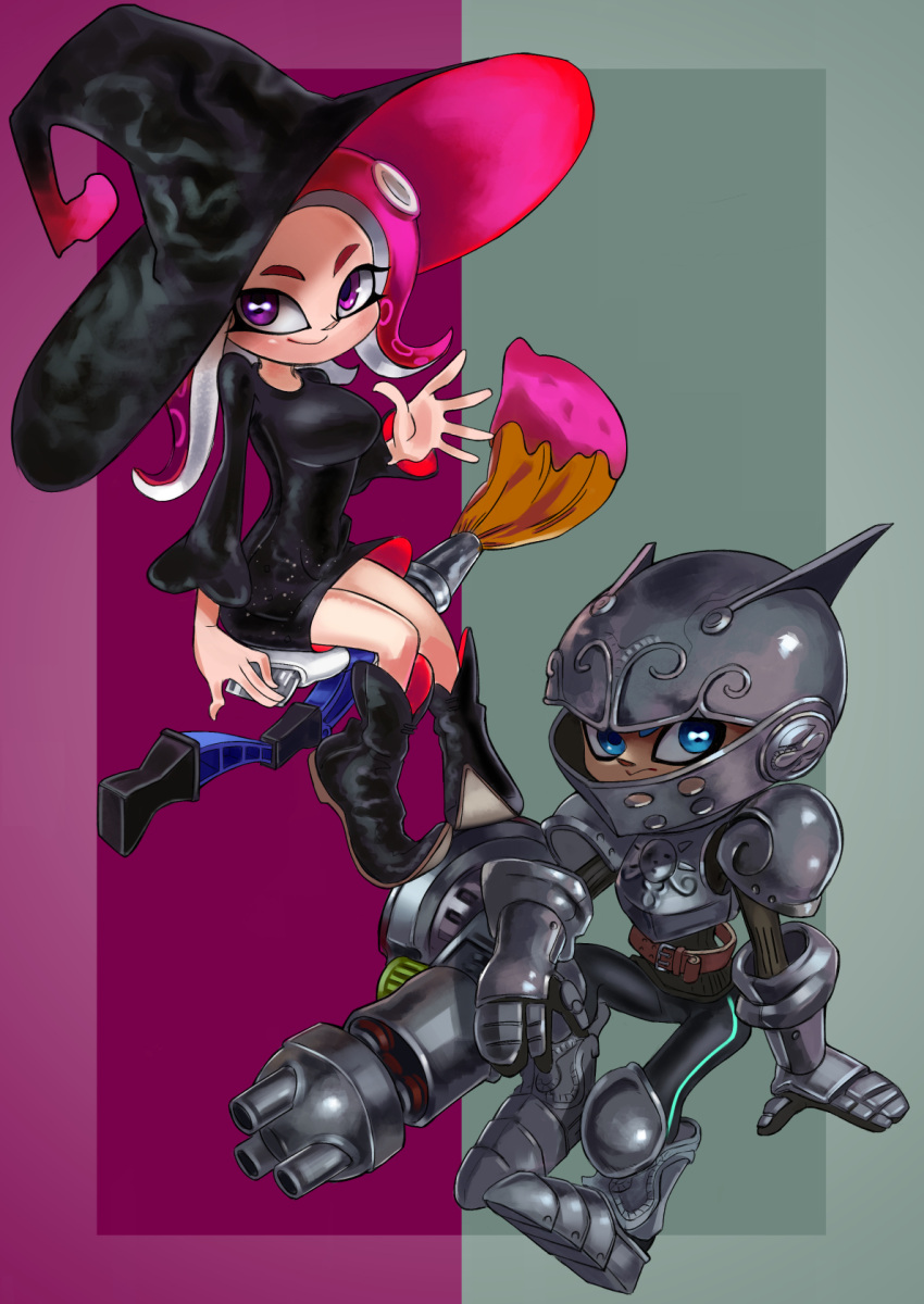 1boy, 1girl, armor, armored_boots, belt, black_dress, black_hat, black_pants