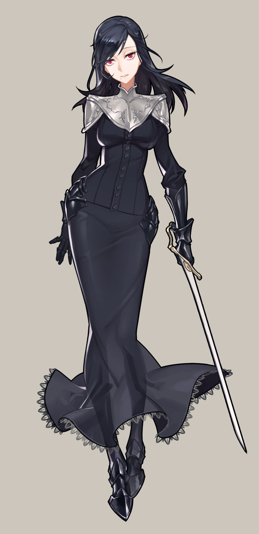 1girl, absurdres, arm_behind_back, armor, black_dress, black_footwear, black_hair, buttons